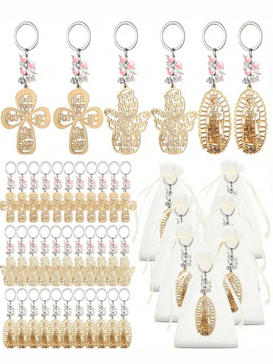 30个装木质洗礼钥匙扣，附赠欧根纱礼品袋，适用于洗礼、婚礼和派对用品、婚礼回礼、派对礼物、母亲节礼物、情人节礼物、生日礼物、毕业礼物 - 彩色 - 查看 1