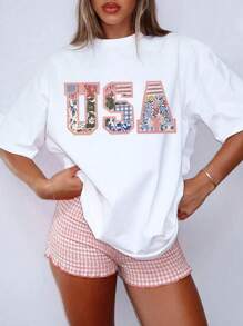 Teen Girls' Casual Letter Print Round Neck Short Sleeve T-Shirt, Summer