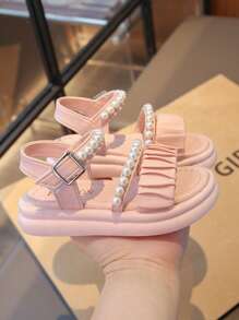 2 pares de sandalias de suela blanda para niñas, con cierre de hebilla de perla, diseño casual y de moda, apropiadas para el uso al aire libre en verano