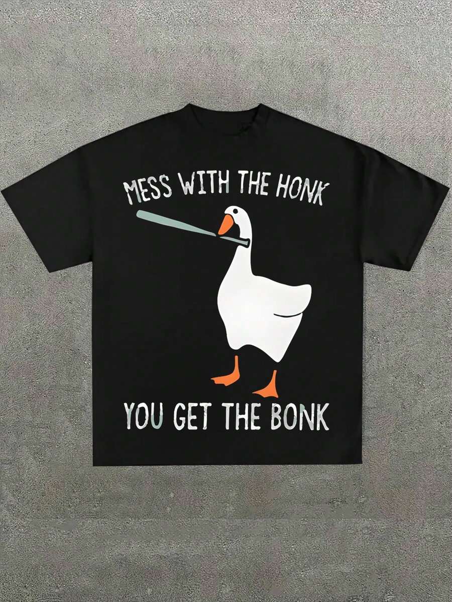 Funny Goose With 'Mess With The Honk You Get The Bonk' Slogan Printed Casual Soft Short Sleeve Pure Cotton 220gsm T - Shirt - 黑色 - 查看 1