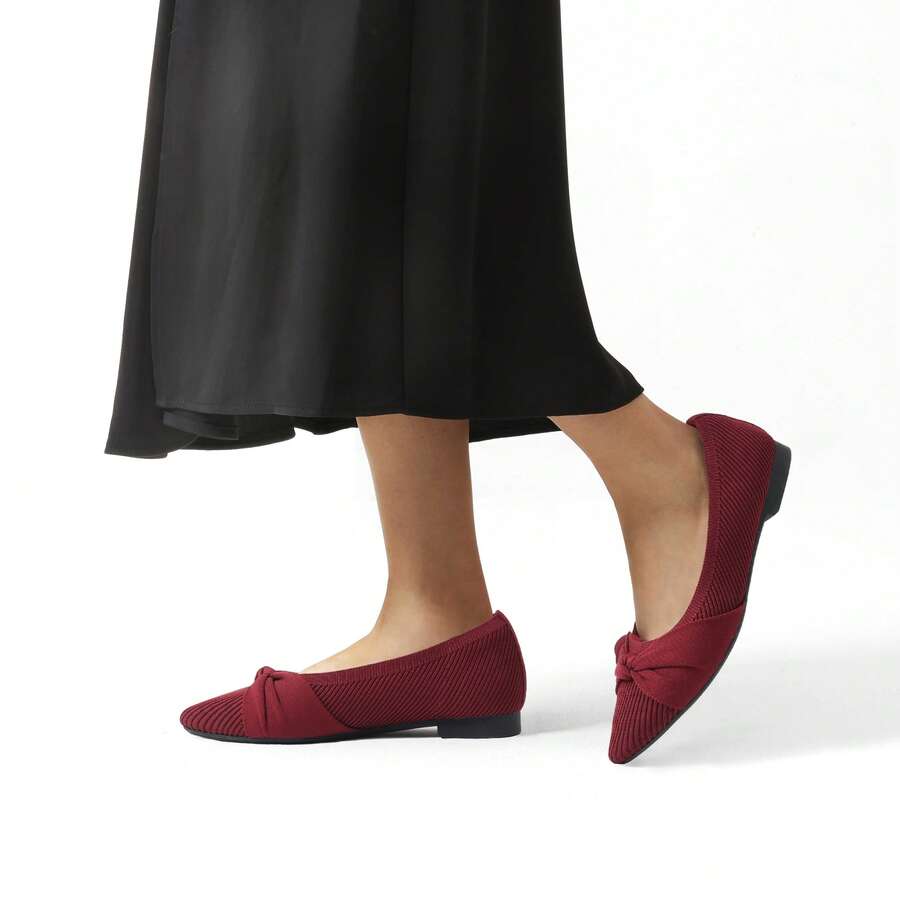 Women Elegant Pointed Toe Bow Knitted Flat Shoes