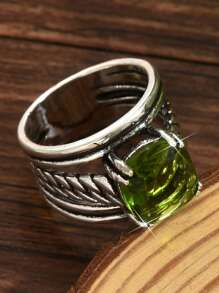 1pc Boho Style Vintage Silver Olive Green Zirconia Women's Ring, Suitable For Wedding, Engagement, Promise Or Daily Wear