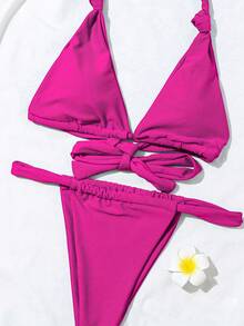 2pcs/Set Women's Sexy Ruched Lace Backless Beach Bikini For Summer Vacation - Hot Pink - View 4