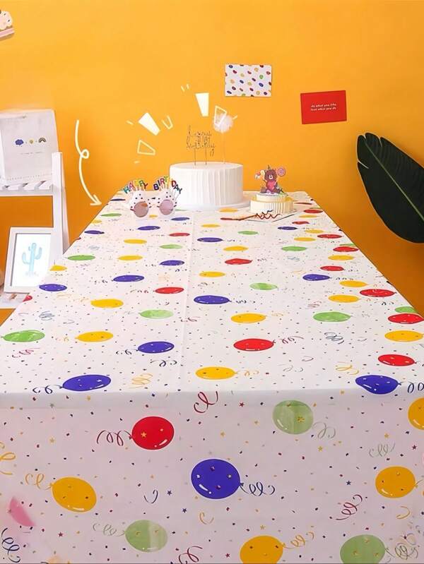1pc Disposable Colorful Polka Dot Balloon Plastic Table Cover, Durable, Suitable For Rectangular Tables, Birthday Party, Celebration, Party Dining Table Decor | Holiday Tablecloth | Decorative Design, Dining Table Decor, All Seasons