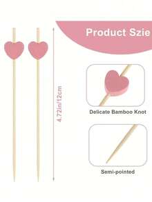 100/50pcs 4.72inch Bamboo Heart Fruit Picks, Bamboo Cocktail Sticks, Heart Shape Bamboo Skewers, Appetizer Picks, Meat Picks, Appetizer Toothpicks, Decoration Sticks, Suitable For Birthday, Party, Beverage Decoration, Buffet,School Supplies - Multicolor - View 6