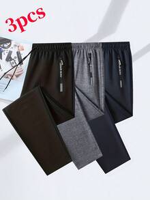 3PCS Men Drawstring Waist Solid Sweatpants Long Sweat Pants Plain Black Gym Basic Spring - Multicolor - View 8