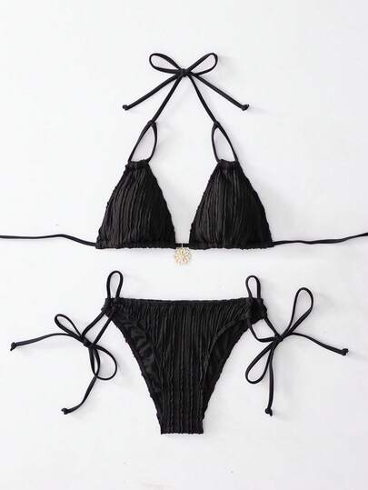 Bikini nero da donna, costume da bagno a due pezzi con top a canottiera e parte inferiore annodata, adatto per estate, spiaggia, vacanze, outfit estivi da donna, abbigliamento da spiaggia da donna, costumi da bagno push-up, gita di laurea, vacanze, set bikini, negozio di vacanze