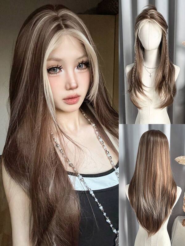 Blonde Highlights Brown Lace Front Wig,Natural Heat Resistant Synthetic Fiber Wig,Natural Look, Suitable For Women And Girls Daily Or Party Use.