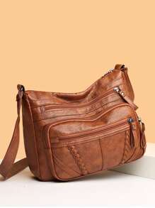 Sac fourre-tout grande capacité de couleur unie pour femmes, sac bandoulière élégant rétro multi-poches à fermeture éclair, petite poignée à fermeture éclair, décoré de tressage, sac à main maman imperméable en PU anti-vol pour shopping, portefeuille compact et léger convenant pour le shopping, les fêtes et les
