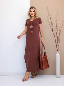 Long Dress Short Sleeve Fashion Comfy Super Comfortable With Pocket - 鏽棕色 - 查看 4