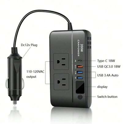 200w Car Power Inverter, Dc 12v To 110v 240v Ac Car Inverter With 3 Usb Ports, 1 Type-C Charger Adapter, Switch And Voltage Led Display Screen, Suitable For Charging Multiple Devices Such As Laptops, Phones Etc., Compatible With Sedans, Suvs And Trucks