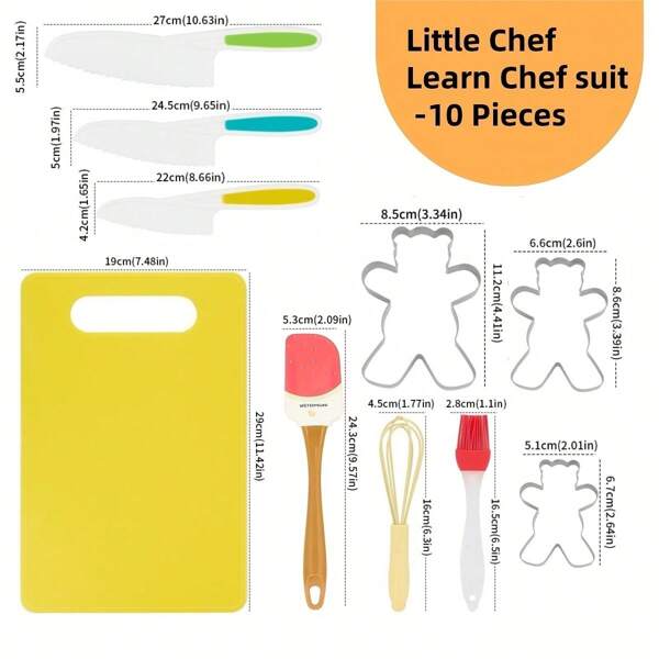 3 Stücke/10 Stücke Backset für kulinarisches Lernen, beinhaltet Teddy-Bär Keksausstecher, Backspatel, Plastik-Obstmesser, Mini-Schneebesen, kleine Ölpinsel, ideal für DIY-Kochen und Backen, Küchenutensilien