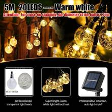 1 pieza Luces de cadena de bolas de cristal solares, resistentes al agua IP65 para uso en exteriores, luces de burbuja LED para decoración de jardín, con 8 modos, 20/50/100 leds, perfectas para acampar, decoración de tienda de campaña y ambiente acogedor de dormitorio, luces de cadena solares para jardín exterior, fiesta, Halloween, Navidad, Pascua, iluminación para acampar.