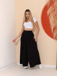 WOMEN'S PANTS, WIDE LEG, HIGH WAIST, PANTALONA - Black - View 1