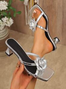 Women's Square Toe Slip-On Stiletto High Heel Sandals, Elegant Outdoor Embellishment Party/Casual, Summer - Silver - View 1