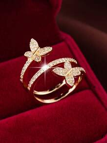 Anillo envolvente abierto con diseño de mariposa, de cobre con circonita sintética, joyería de uso diario ajustable para todas las estaciones