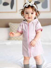 Girls Swim Cover Up Short Sleeve Zip Up Hooded Striped Bathing Suit Coverup Kids Pool Beach Robe - Pink - View 3