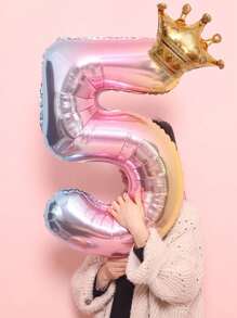 1pc 32-Inch Foil Gradient Number Crown Shape Balloon, Birthday Party Decoration, Baby Shower, Wedding Anniversary, Theme Party Decoration, Children's Birthday Decor Balloon