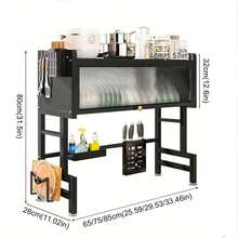 Escurreplatos multifunción para encima del fregadero, con soporte para utensilios, estante para tabla de cortar, soporte para cuchillos, gran capacidad de escurridor de platos de cocina, diseño de puerta del armario abatible, a prueba de polvo y grasa, organizador de almacenamiento de cocina - Negro - Ver 3
