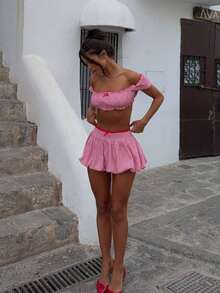 Women's Summer Sexy Short Skirt Set With Plaid Off Shoulder And Crop Top, Elastic Waist Mini Skirt For Parties And Vacations - Đỏ - Xem 7