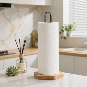 1pc Metal Iron Art + Bamboo And Wood Chassis Black And White Nordic Simple Tissue Rack Desktop Column Type Grease Smoke Table Top Tissue Storage Rack Sanitary Roll Paper Rack,Tissue Box, Tissue Holder, Napkin Holder, Toilet Paper Holder, Toilet Roll Holder, Wipes Container Kitchen Roll Holder, Paper Towel Holder, Table, Bathroom, Kitchen, Car