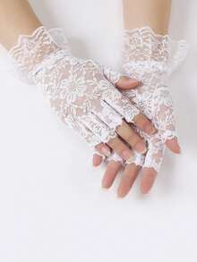 Flower Half-Finger Lace Gloves With Hollow-Out Design - White - View 7