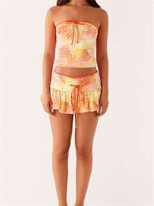 Womens Two Piece Summer Outfits Strapless Tie-Up Front Tube Tops And Mini Skirt Set Clubwear - 黃色 - 查看 3