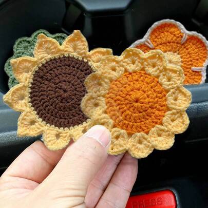 2pcs Handmade Knitted Floral Coasters, Cute Sunflower Good Luck Flower Car Cup Mats, Random Sunflower Coasters Sent