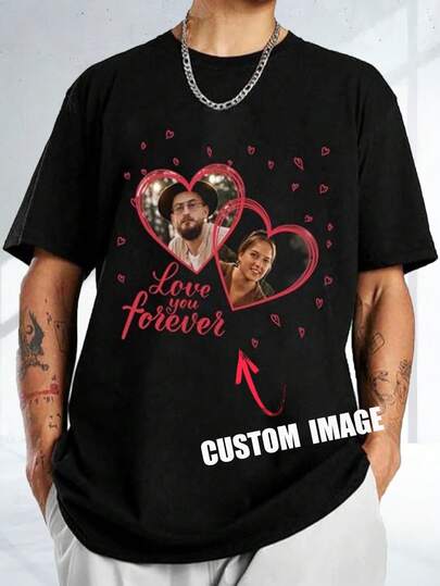 Customized "I Love My Girlfriend" T-Shirt, Heart Graphic Short Sleeve Personalized Photo T-Shirt, Valentine's Day Gift For Men, Customized Loose Fit Crew Neck Men's Casual T-Shirt - Add Your Own Picture (Family Photo/Selfie/Pet Photo/Friend Photo/Lover Photo/Girlfriend Photo/Gift/Couple Logo/Customizable T-Shirt, Gift For Husband, Boyfriend Or Girlfriend) Ideal Gift For Family, Friends, Kids' Birthday, Festivals/Celebrations