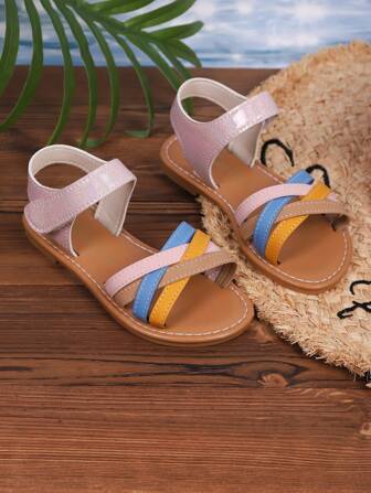 Girls' Colorful Ribbon Decor Cute Open Toe Beach Sandals, Suitable For Beach, Travel, Photography, School, Indoor, Summer
