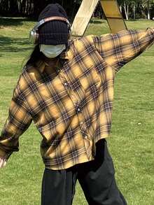 女式格子落肩长袖单排扣休闲宽松衬衫，面料拼接随机 - 黃色 - 查看 3