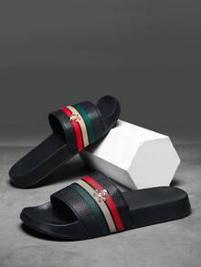 Men's Gold Skeleton Slippers, EVA Thickened Soft Sole Non-Slip Stripe Slippers, Summer Beach Sandals, Super Comfortable Durable Men's Casual Slides, Suitable For Daily Wear