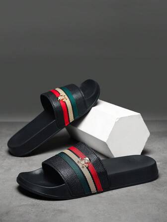 Men's Gold Skeleton Slippers, EVA Thickened Soft Sole Non-Slip Stripe Slippers, Summer Beach Sandals, Super Comfortable Durable Men's Casual Slides, Suitable For Daily Wear