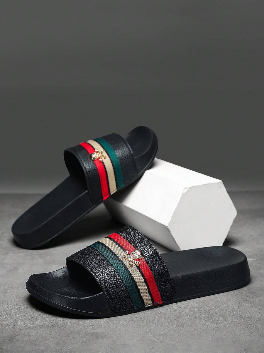 Men's Gold Skeleton Slippers, EVA Thickened Soft Sole Non-Slip Stripe Slippers, Summer Beach Sandals, Super Comfortable Durable Men's Casual Slides, Suitable For Daily Wear