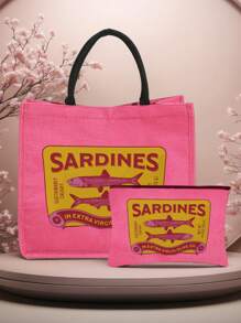 Geantă de mână și genți cosmetice multifuncționale cu imprimeu retro cu sardine, portofel pentru monede din in roșu-roșu, geantă de cumpărături, geantă de plajă, geantă de machiaj, portofel pentru monede, geantă de frumusețe, depozitare cosmetice în căminul universitar, potrivită pentru călătorii, plaje și întoarcerea la școală, cadou de ziua de naștere, cadou de Ziua Mamei (direcția frânghiei este aleatorie)