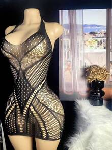 女士镂空连衣裙渔网性感内衣，适合浪漫的夜晚 - 黑色 - 查看 1