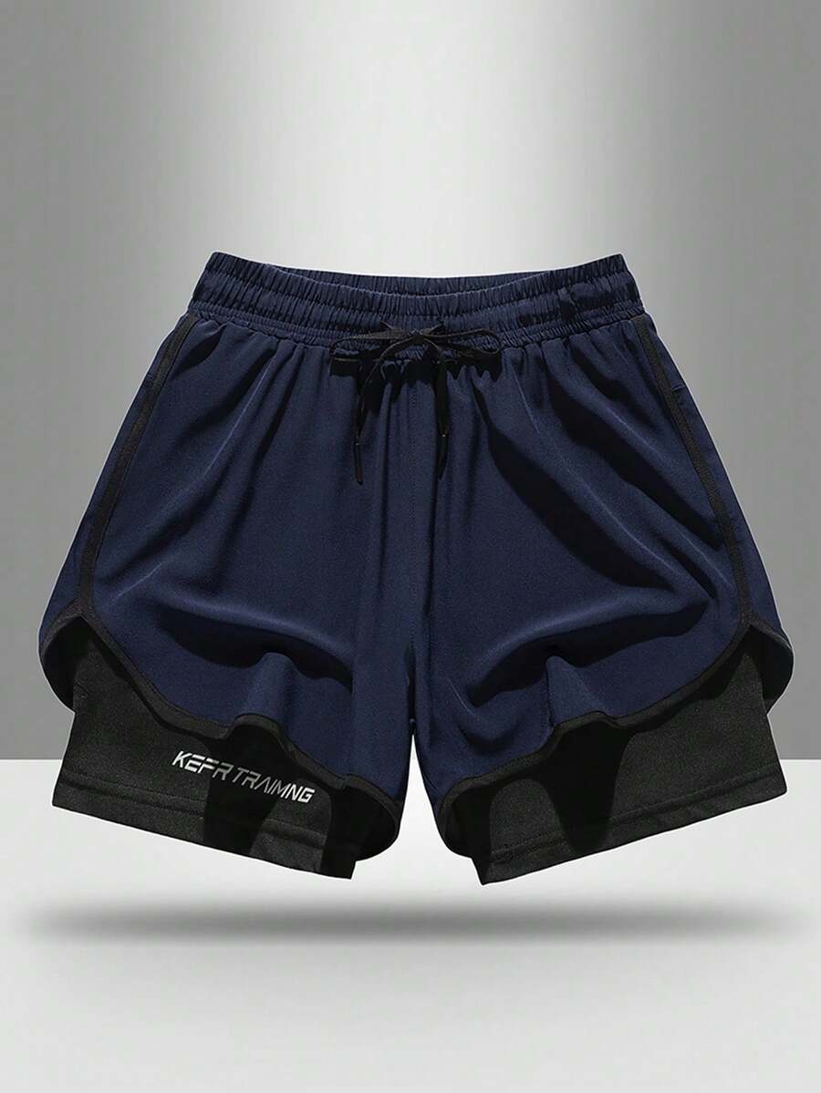 Pantalones cortos de deporte casual para hombre, pantalones de entrenamiento de seda de hielo de secado rápido forrados de fitness running - Azul - Ver 1
