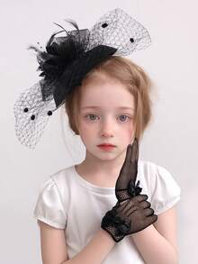 1 套儿童派对礼服，配有珍珠迷你帽和蕾丝手套组合，适合活动、派对和拍照 - 帽子和手套 - 查看 15