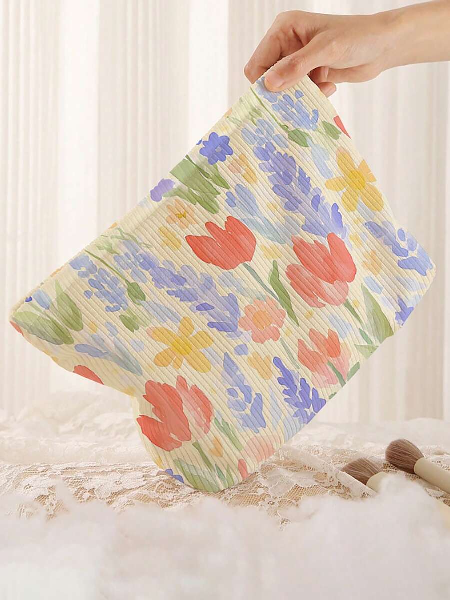 花卉灯芯绒化妆包，轻便拉链化妆品收纳袋，甜美风格多功能洗漱包，送给女孩、女士和朋友的礼物，返校用品，返校购物 - 彩色 - 查看 1