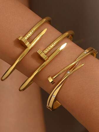 1/3 مجموعة أساور ذهبية موضة من الفولاذ المقاوم للصدأ، أوراق البرسيم الرباعية والمسامير بشكل قلب، أساور نسائية أنيقة وعصرية للاستخدام اليومي، أساور مرصعة بالماس، أسوار سنارات