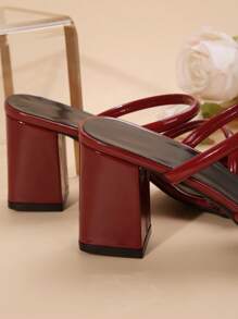 White Minimalist Square Toe Faux Leather Block Heel Sandals, French Style Elegant Suitable For Walking, Dates, Gatherings, Parties, Commuting, Business