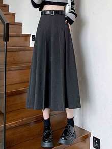 Medias faldas de mujer,Falda plisada lisa para mujer con diseño exclusivo y corte A midi. - Negro - Ver 4