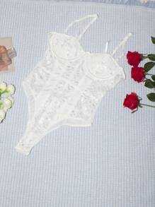 1pc Solid Color Sheer Contrast Lace Sleeveless Fitted Revealing Sexy Camisole Camisole Top
