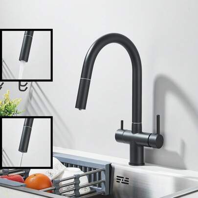 Grifo de cocina moderno con rociador extraíble giratorio de 360°, doble manija, mezclador de agua fría y caliente de un solo orificio.