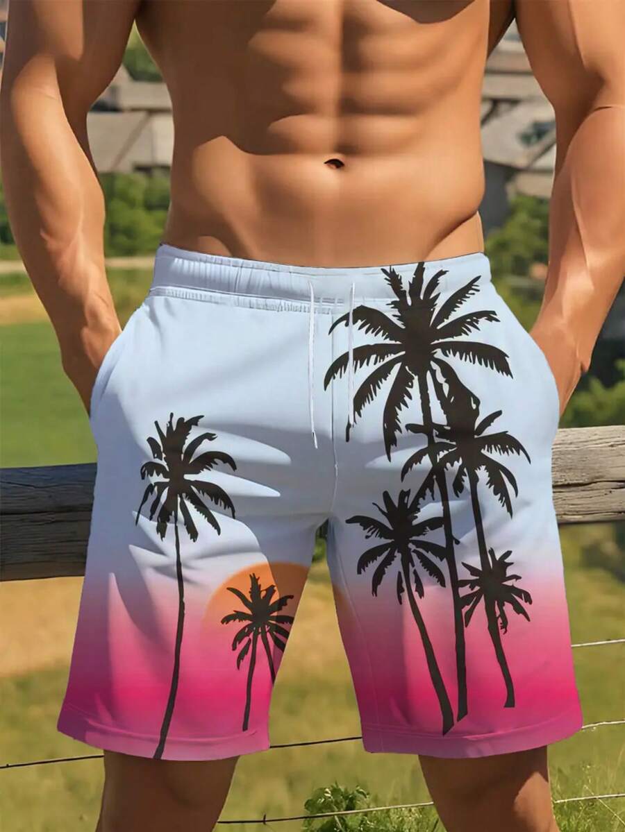 Shorts de playa de talla grande para hombres con estampado degradado de árbol de coco 3D, shorts casuales de verano con cordón y estampado de palmeras, estilo hawaiano - Blanco - Ver 1