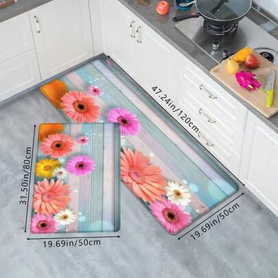 1 adet Çok Renkli Ahşap Desenli ve Papatya Baskılı Zemin Matı, Yumuşak Kaymaz Emici Yıkanabilir Mutfak Alanı Halısı, Banyo, Yatak Odası, Mutfak, Çamaşır Odası İçin Dikdörtgen Düşük Tüylü Dekoratif Halı