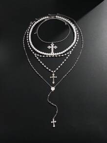 4pcs Vintage Punk Style Metal Cross Pendant Y-Necklace, Men's Hip Hop Fashion Faux Pearl Beaded Multi Layer Necklace Set