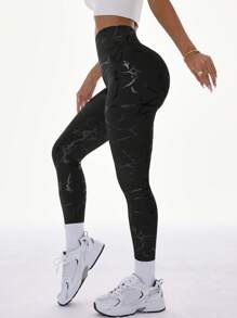 Figurbetonte Leggings mit hoher Taille und Hüftanhebung, künstlerischer Foliendruck für Fitness & Streetwear, Taillenformung & Po-Anhebung | Modische, metallische Leggings, die man überall tragen kann, anatomisch gestaltete Po-Anhebung, metallische Folien-Verarbeitung, hohe Taille mit Kompression, jugendlich, nahtloser Übergang vom Studio zur Straße, Damen-Metallic-Yogahosen