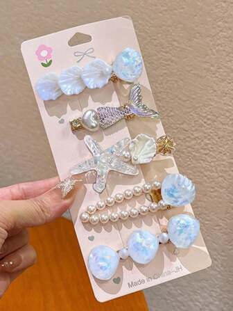 5 件女士优雅简约清新美人鱼尾巴、海星、贝壳、人造珍珠、心形发夹，适合日常使用、学校、海滩、办公室、派对、节日、生日礼物、返校爪夹发夹发夹、学校用品、人造珍珠发饰