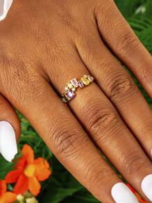 9pcs Delicate Sparkling Copper Electroplated 18K Gold Cubic Zirconia Colorful Geometric Heart Shaped Ring Set, Women Stacking Rings, Knuckle Rings, Daily Jewelry, Gift For Friends